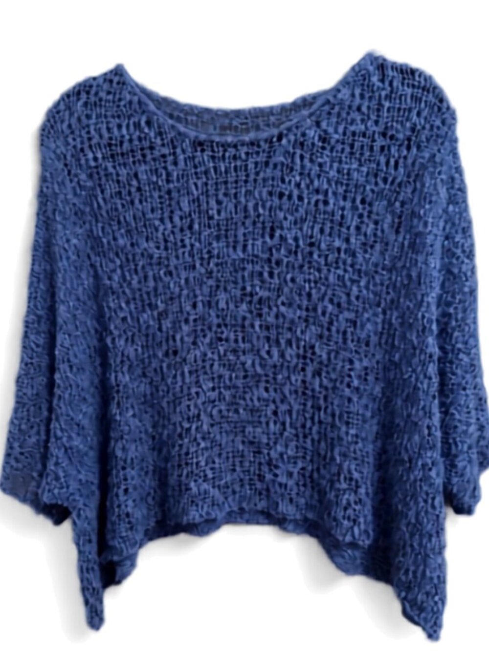 Blue Open-Knit Batwing Handkerchief Sweater Cotton Rayon